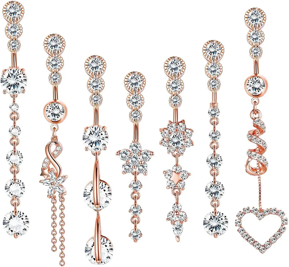 7 Stück 14G Dangle Bauchknopf Ringe für Frauen 316L Chirurgischer Stahl Clear CZ Barbell Piercing Dangle Reverse Curved Navel Barbell Body Jewelry