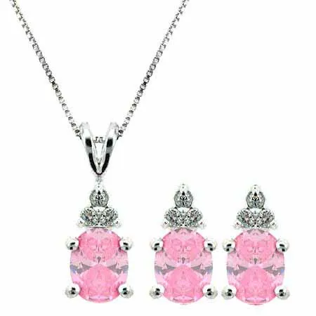 Sterling Silver Pink & Clear CZ Drei Stein Ohrringe und Anhänger Set