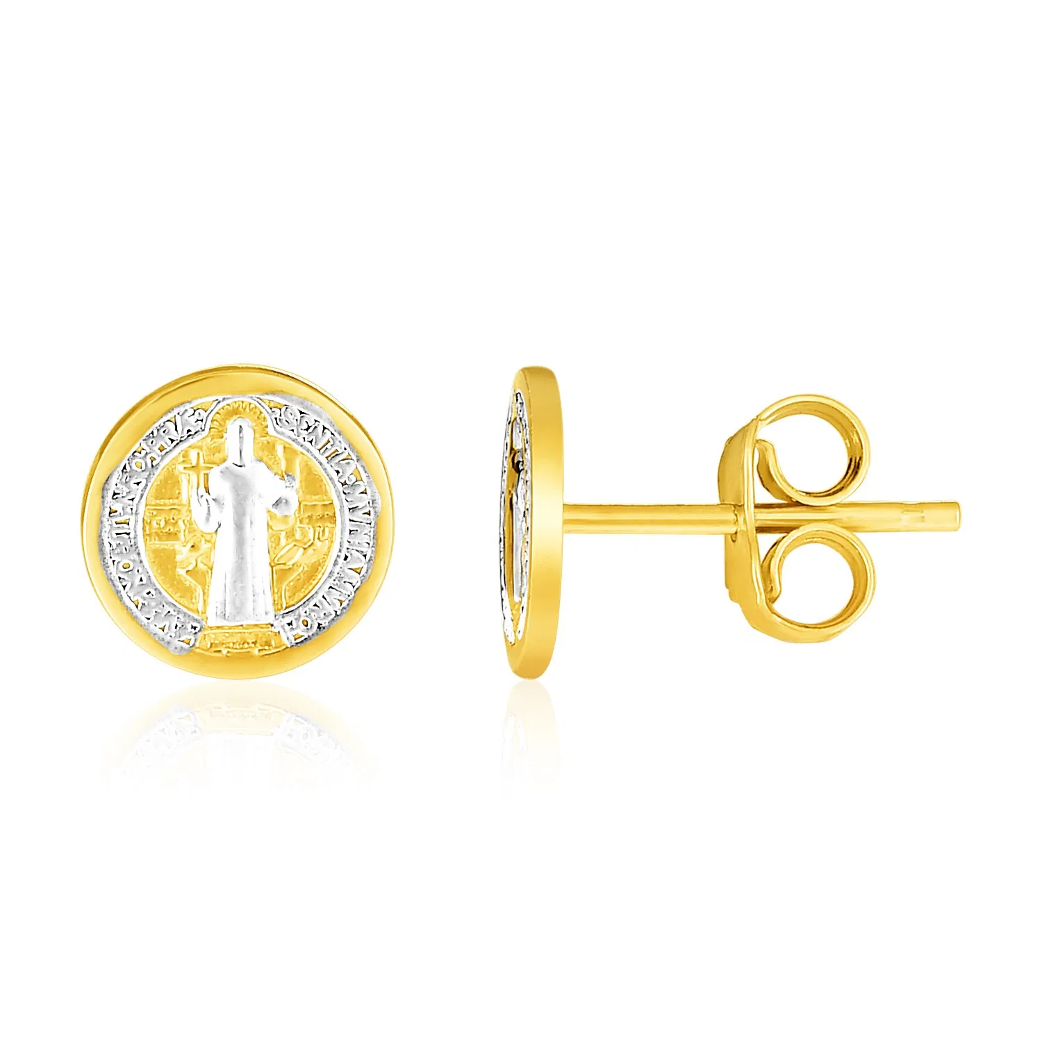 14 Karat Zwei-Ton - Gold-Runde religiöse Medaille Post Ohrringe (8mm)