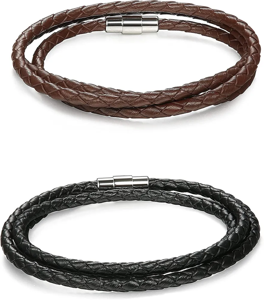 2PCS Lederarmband für Männer Frauen 3 Wrap Bangle Cuff Armband Schwarz / Braun 7,5 Zoll