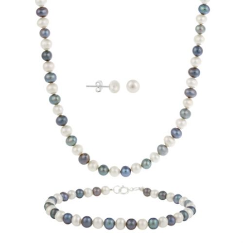 Sterling Silber 5,5 - 6mm Echtes Frischwasser-Kultiviert Multi-Color Perlen Halskette Armband & Stud Ohrring Set