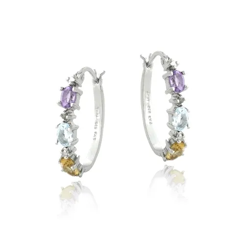 Sterling Silber Amethst, Blau Topaz, Citrine & Diamanten Akzent Oval Hoop Ohrringe