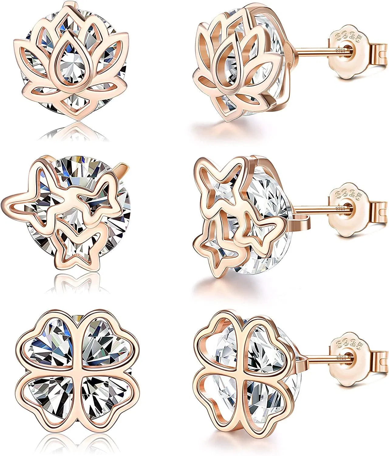 3Paars Sterling Silber Stud Ohrringe Set Plated Lotus Four-Klee Leaf Butterfly Sparkling Cubic Zirkonia Stud Ohrringe für Frauen