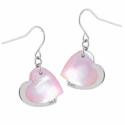 Sterling Silber Doppelherz Echtes Pink Shell CZ Hanging Ohrringe