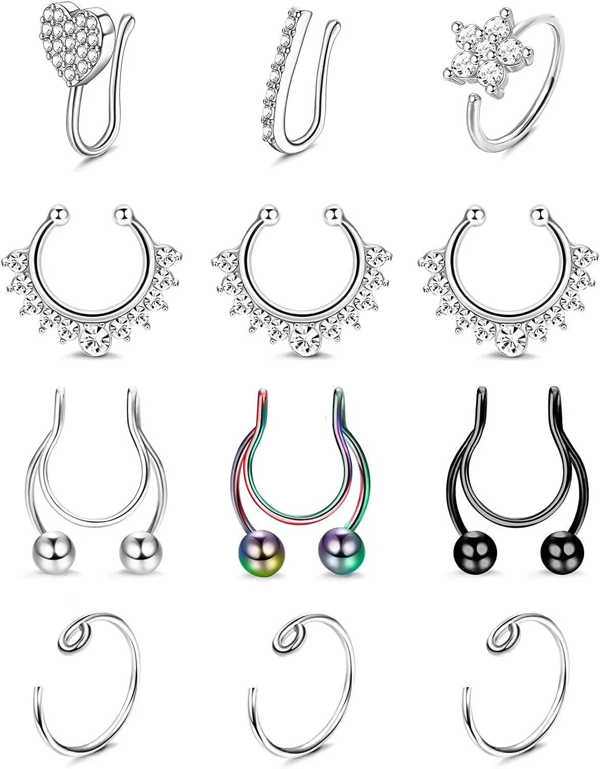 Falsche Nase Ring-Schleife für Frauen Männer Edelstahl-Clip auf Faux Lippe Ohr Nase Septum Ringe CZ Eingezogen Nasen Manschette Non Piercing 12 Stück