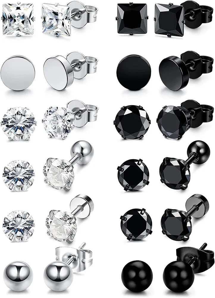 12 Paare Rostless White Stud Ohrringe für Männer Frauen Cool CZ Ohr Piercing Ohrringe 3 - 8mm