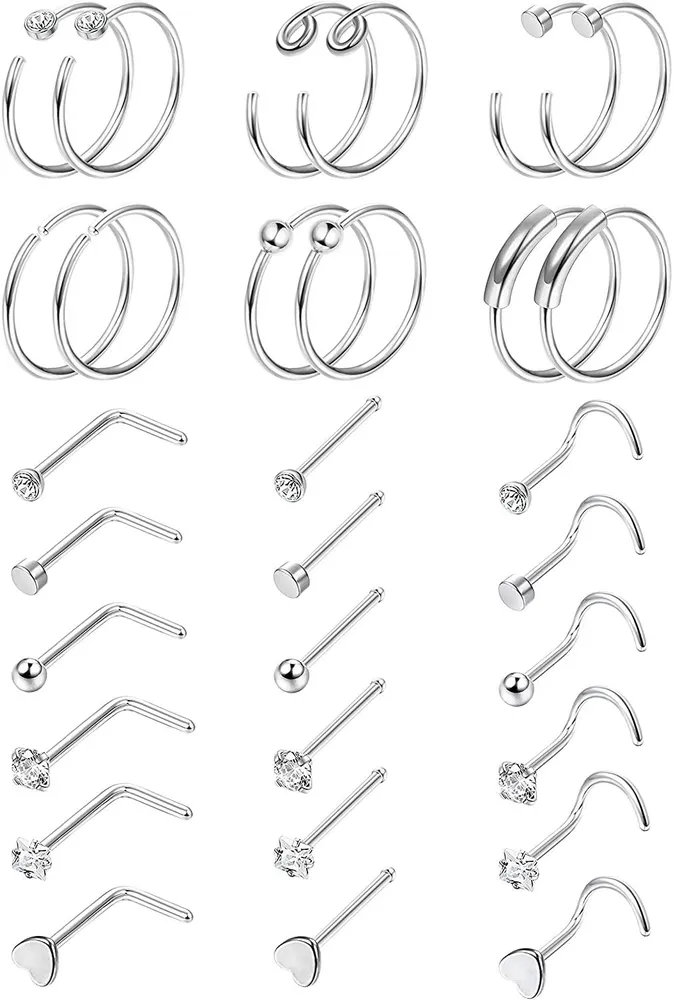 30Pcs 20G Edelstahl Nasenringe Schleife L-förmige Nasenringe Studs Schraube Tragus Knorpel Helix Ringe Lippen Septum Piercing Schmuck Set für Frauen Männer