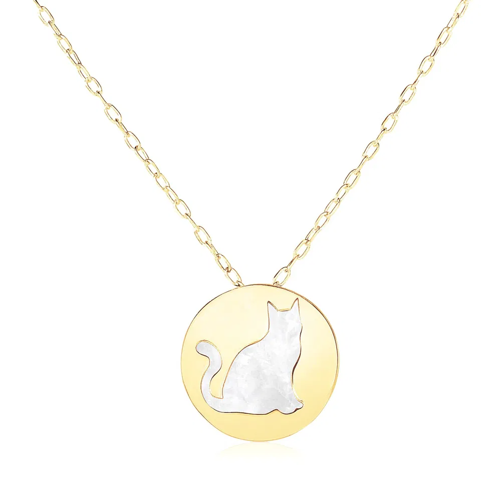 14 Karat Gelbgold Halskette mit Katzen-Symbol in Perlmutter
