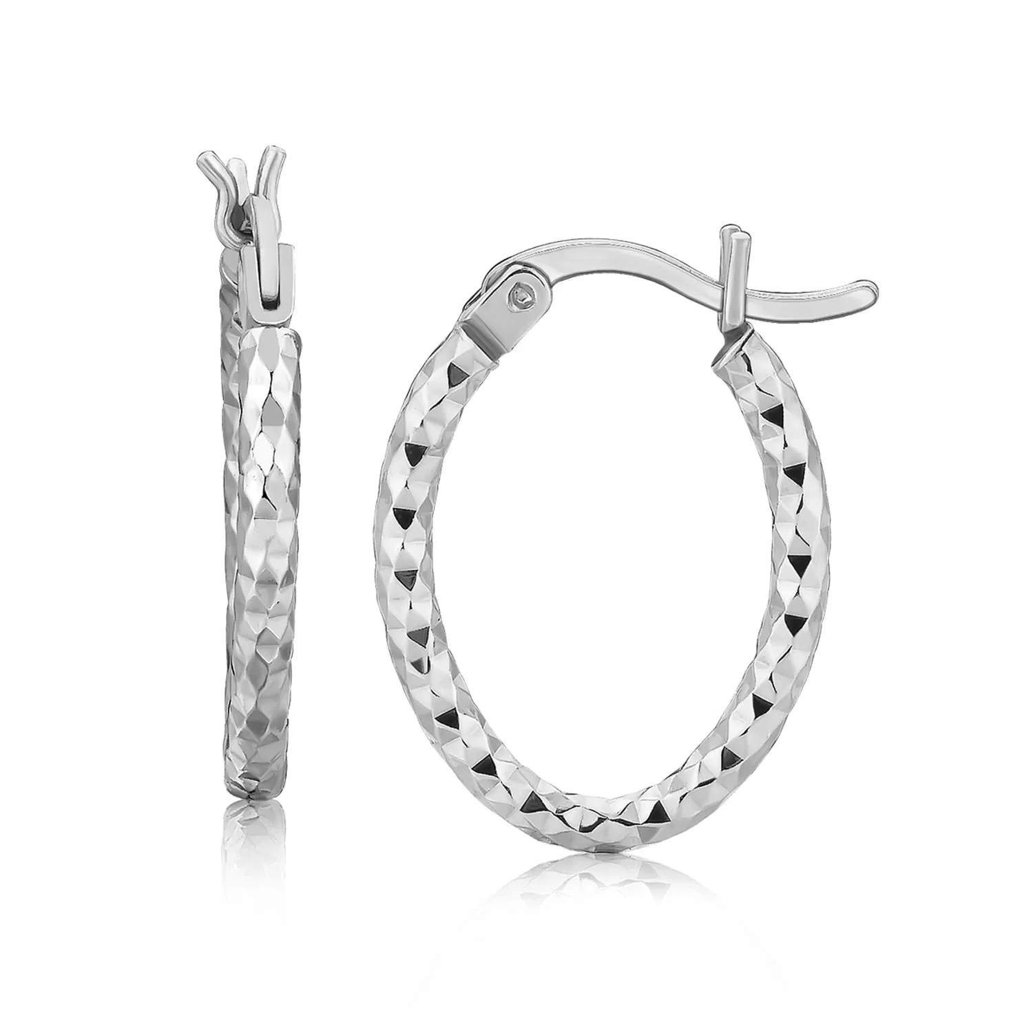 Sterling Silver Rhodium Plated Small Oval Hoop Diamond Cut Textured Ohrringe (2x10mm)