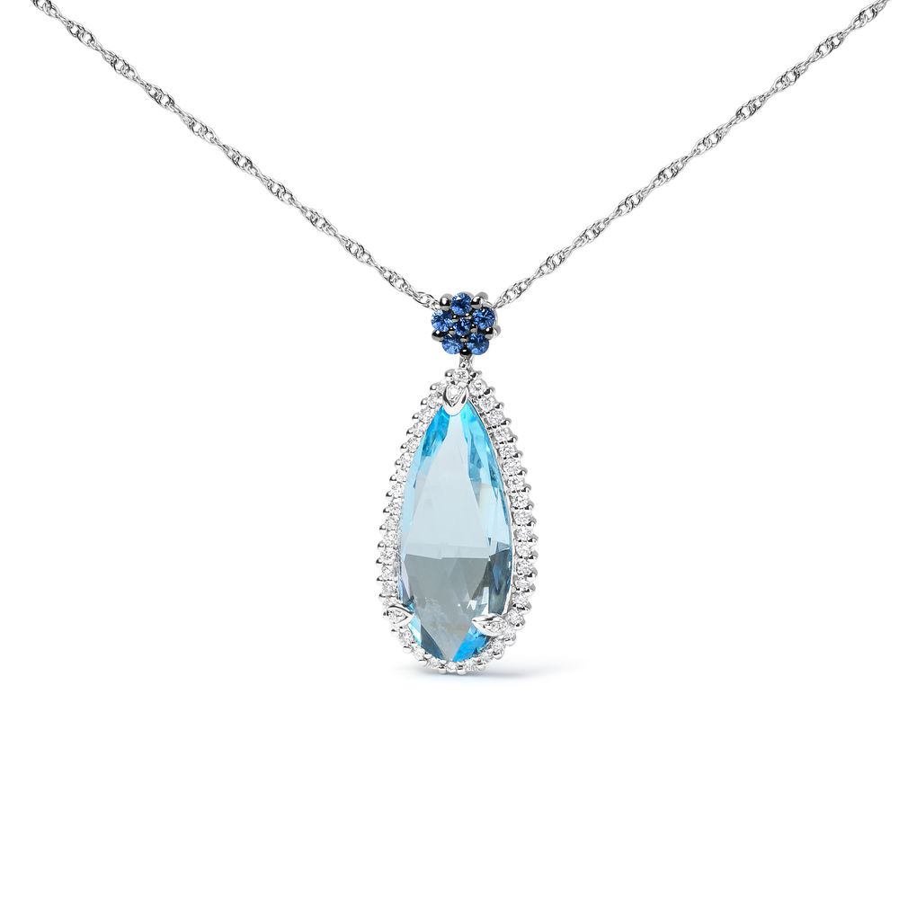 18 Karat Weißgold 3 / 8 Cttw Pflaster Set Diamant und Himmelblau Topaz und Blau Sapphir Edelstein Floral Teardrop Halo 18