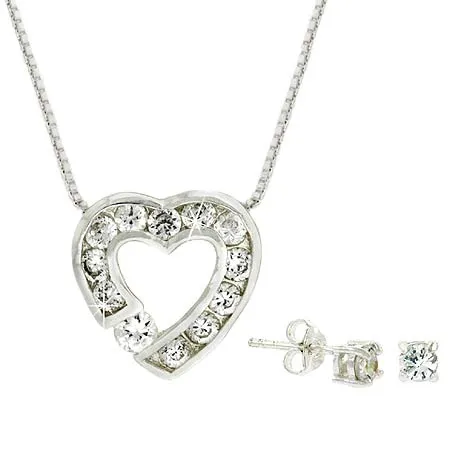 Sterling Silber CZ Herz Anhänger und Stud Ohrringe Set
