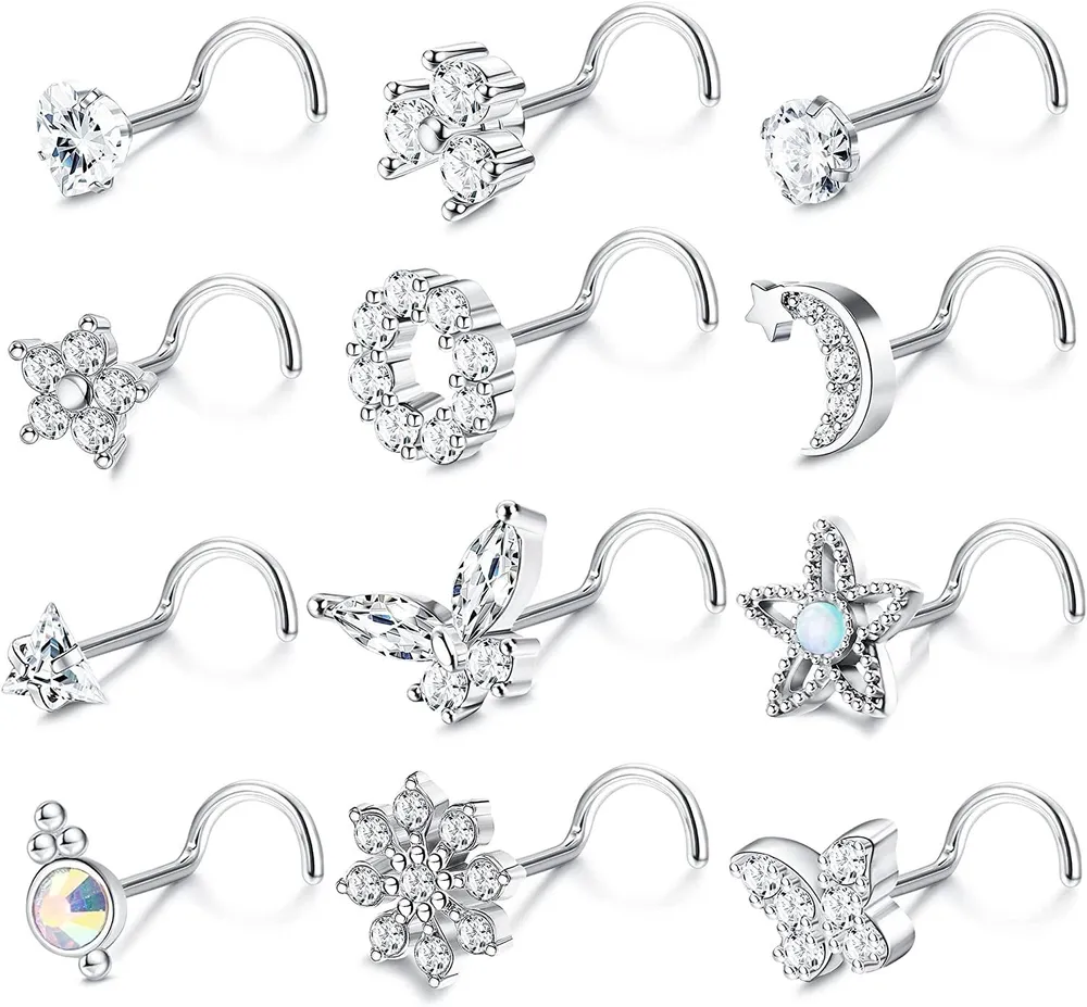 12Pcs 20G Nasenring Stud Edelstahl s-Form Nasen Ringe Schraube Nasen Studs Kubik Zirkonia Schmetterling Nasen Piercing Schmuck für Frauen Männer