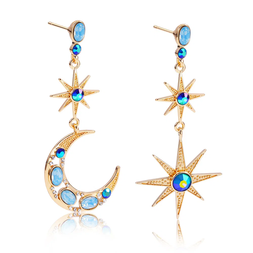 Asymmetrische Star & Moon Edelstahl Silber Stud Ohrringe