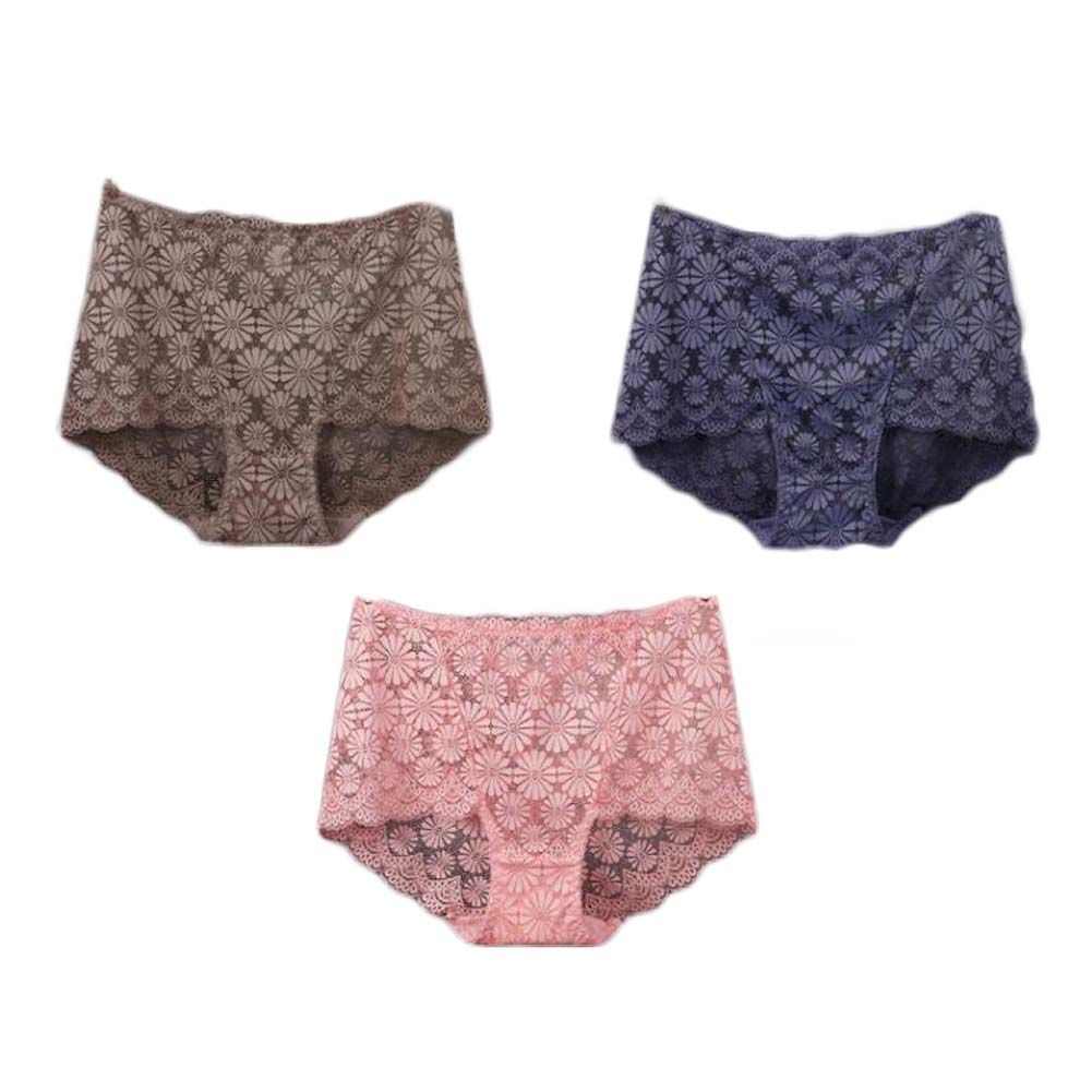 3 Stück Spitze Sexy Bikini Unterwäsche Daisy Mesh Unterwäsche Plus Size Boyshorts Unterwäsche für Frauen Pack, Purple Grau Khaki Pink