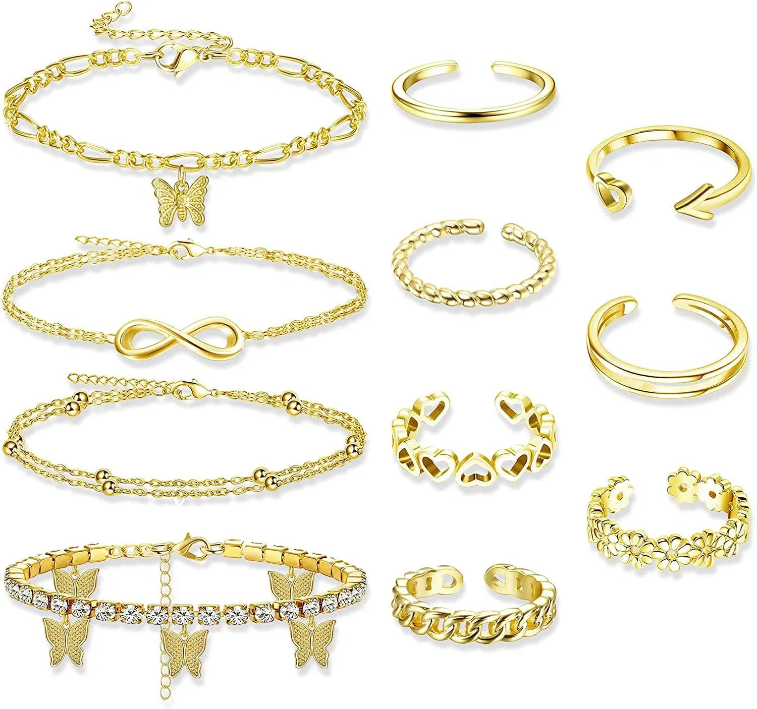 Anknögel Toe Ringe Set für Frauen Schmetterling Anknögel Armbänder Boho Schichtketten Anknögel Offene verstellbare Toe Ringe Strand Fuß