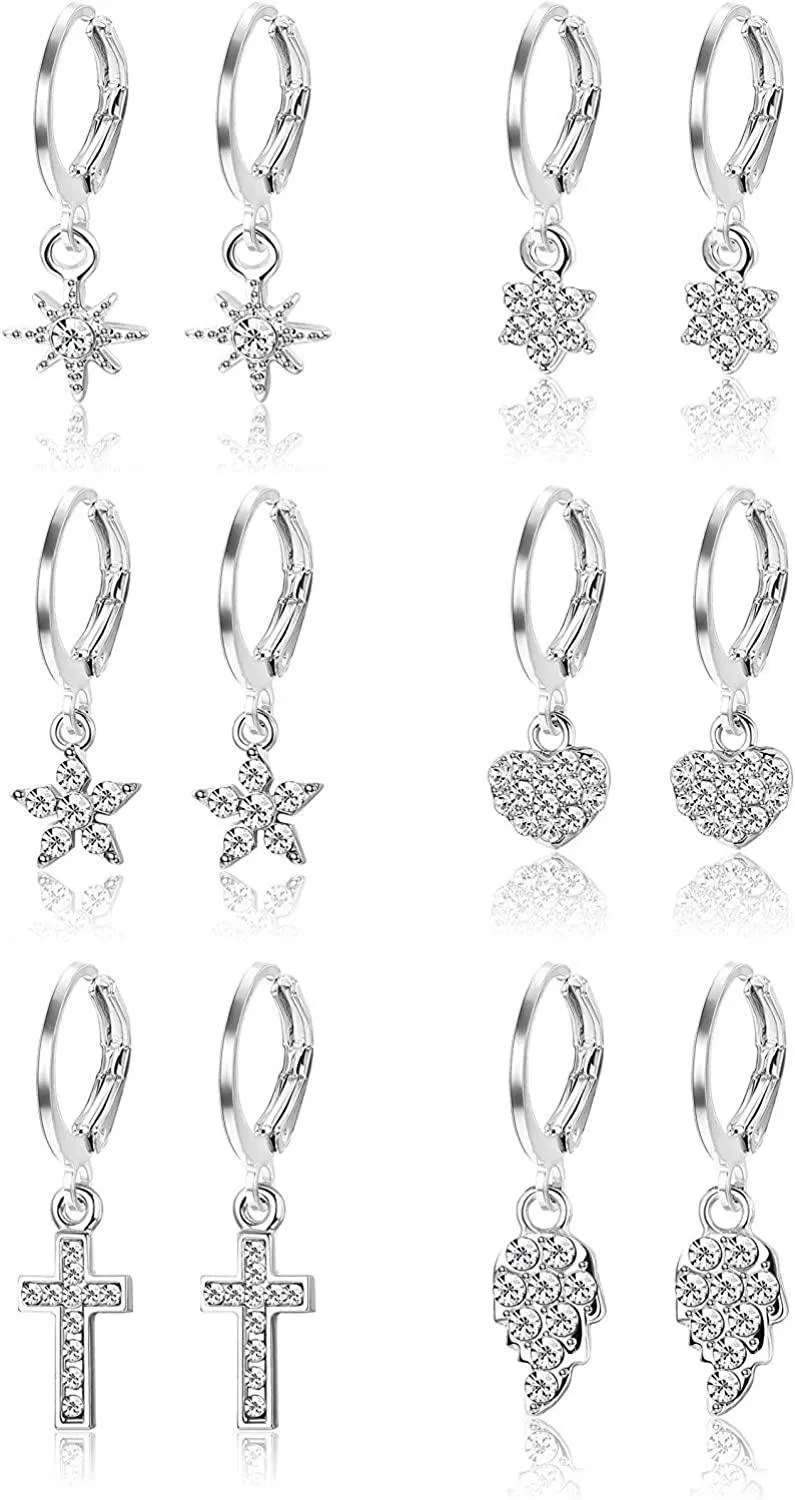 6 Paare Cross Small Hoop Huggies Dangle Ohrringe für Frauen Mädchen Herzblume Schneeflocken winzige Hoop Ohrringe Mode Schmuck