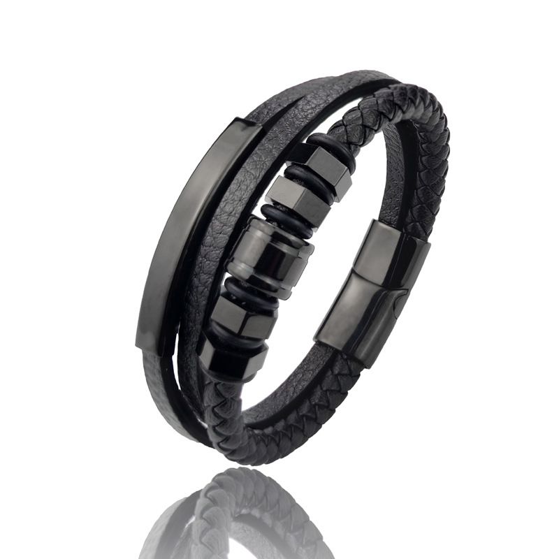 Hexagon 3 - Farbe Edelstahl Leder Cord Armband