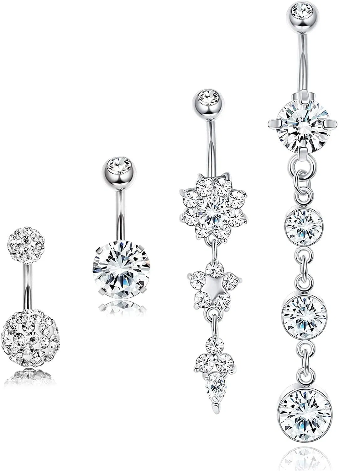 4 Stück Edelstahl Dangle Bauchknopf Ringe Nabel für Frauen gebogen Barbell Piercing 14G CZ Piercing Set