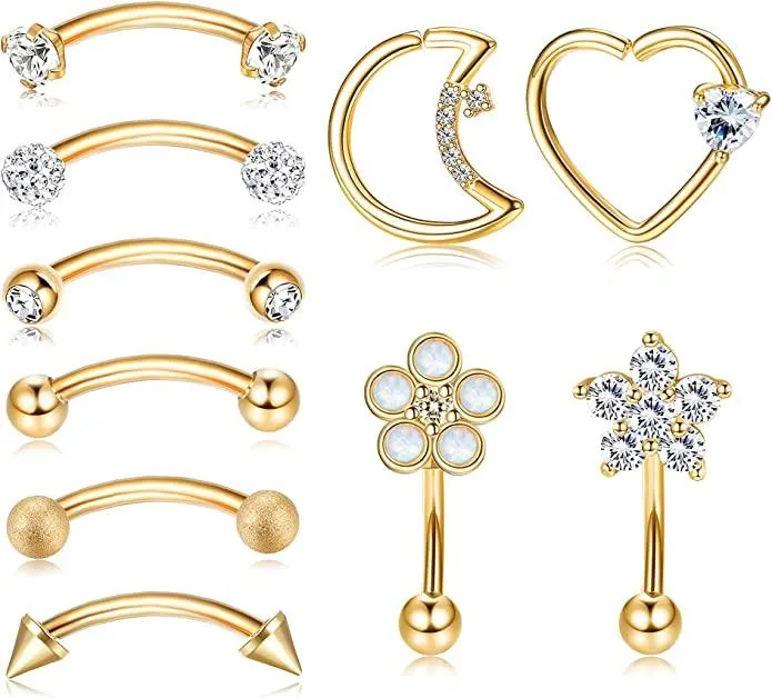 10pcs 16G Rook Curved Barbell Augenbrauenringe für Frauen Männer 316L chirurgische Bauch Lippenring Opal CZ Herz Daith Knorpel Ohrringe Anti Tragus Forward Helix Body Piercing 6MM 8MM