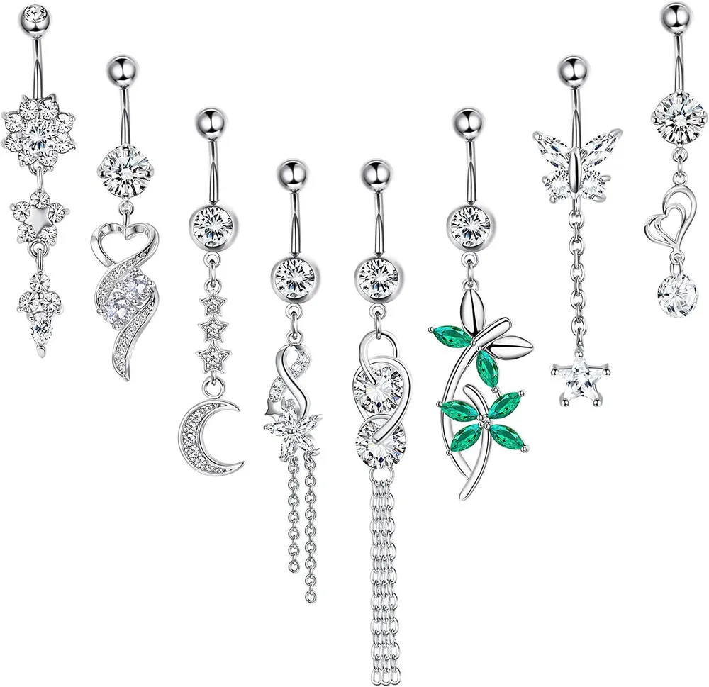 8pcs 14G Bauchknopfringe für Frauen Teenager Edelstahl lange Dangle Nabelringe Set CZ Schmetterling Mond Stern Körper Piercing Schlitter