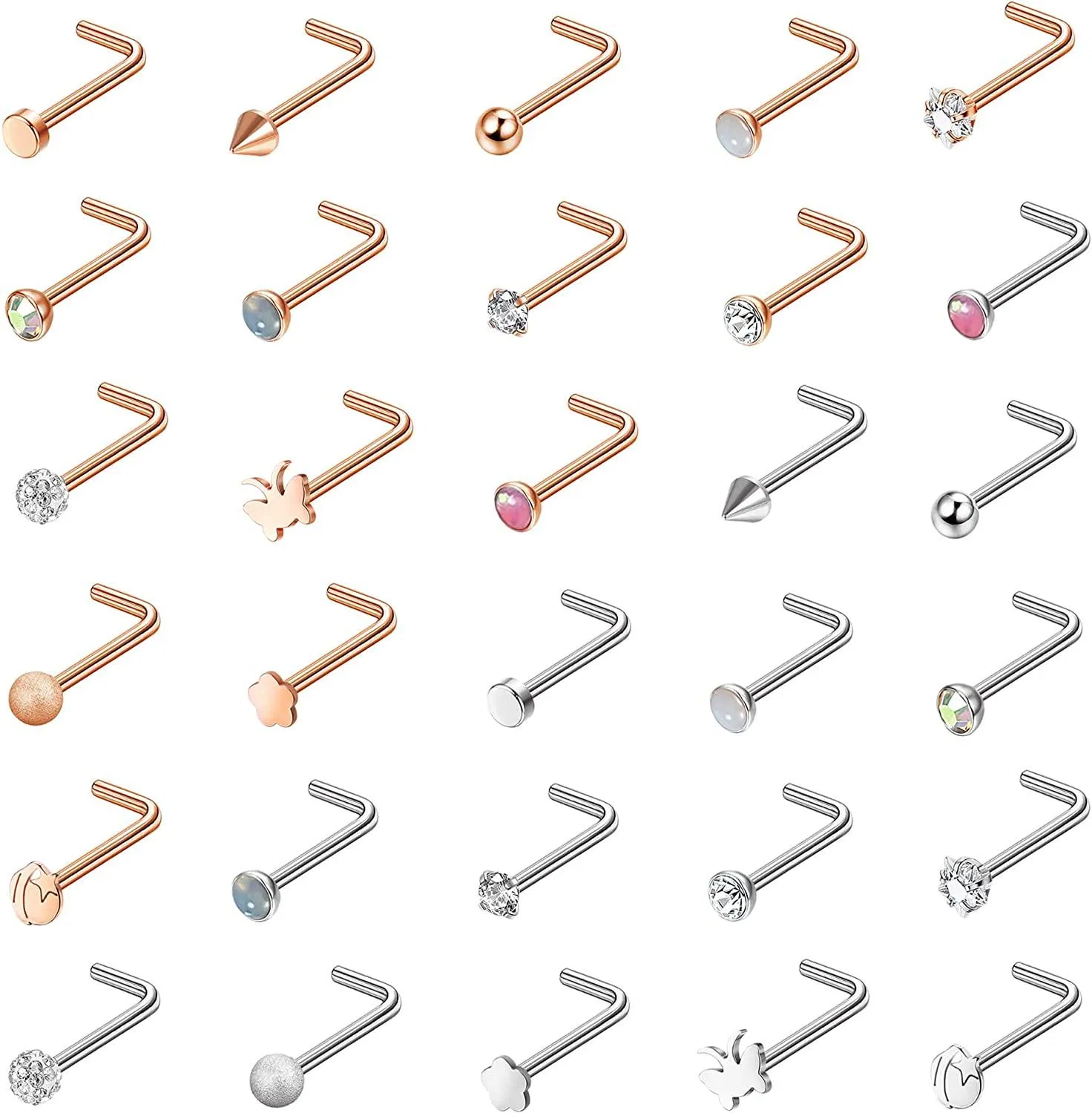 30Pcs 20G Chirurgische Nasenringe Studs Set 2mm 2.5mm 3mm Schraube L-förmigen Knochen für Frauen Männer CZ Inlaid Opal Nasenloch Nose Piercing