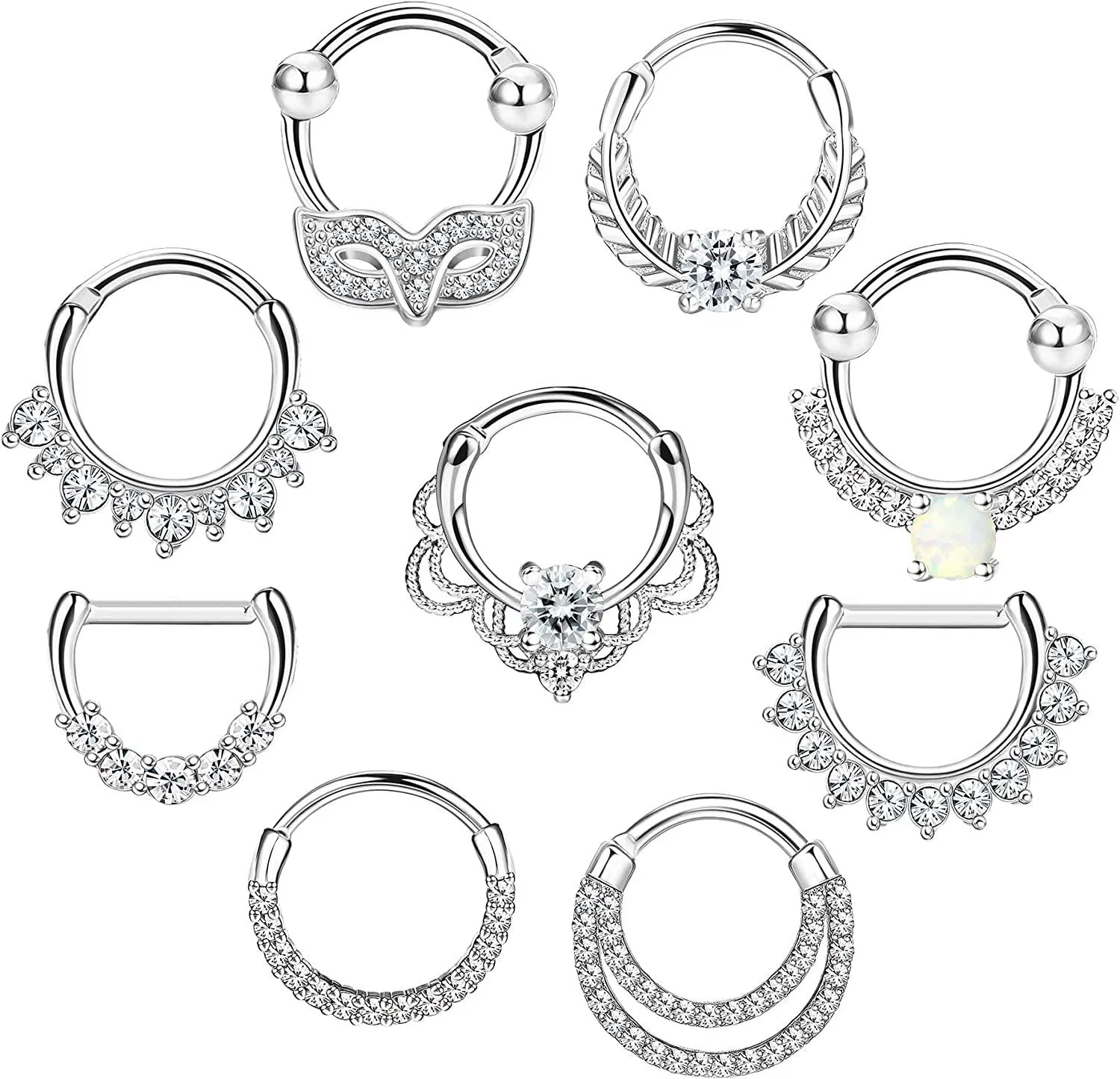 9pcs 16G Edelstahl Septum Piercing Ringe für Frauen Septum Clicker Hoop Ringe CZ Opal Hinge Segment Ring Knorpel Piercing Set 10MM