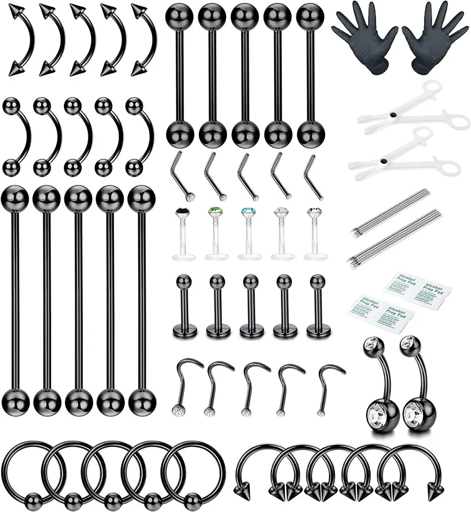Professionelle Piercing-Kit Edelstahl 14G 16G Knorpel Daith Ohrringe Augenbraue Lippe Bauch Ring Zunge Tragus Nipple Nasenring Körperwerkzeug