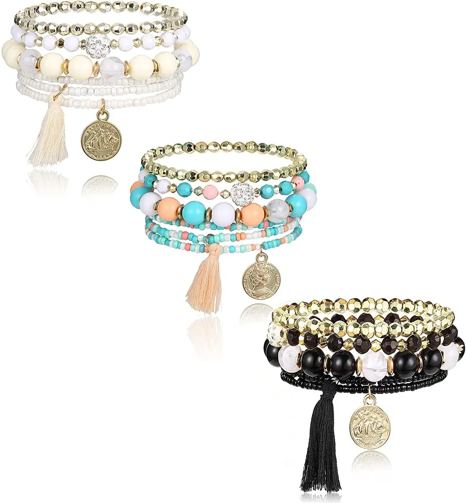 3 Sets Bohemian Stackable Bead Armbänder für Frauen Männer Multi-Schicht Armband Set Anhänger Tassel Charm Stretch Armbänder