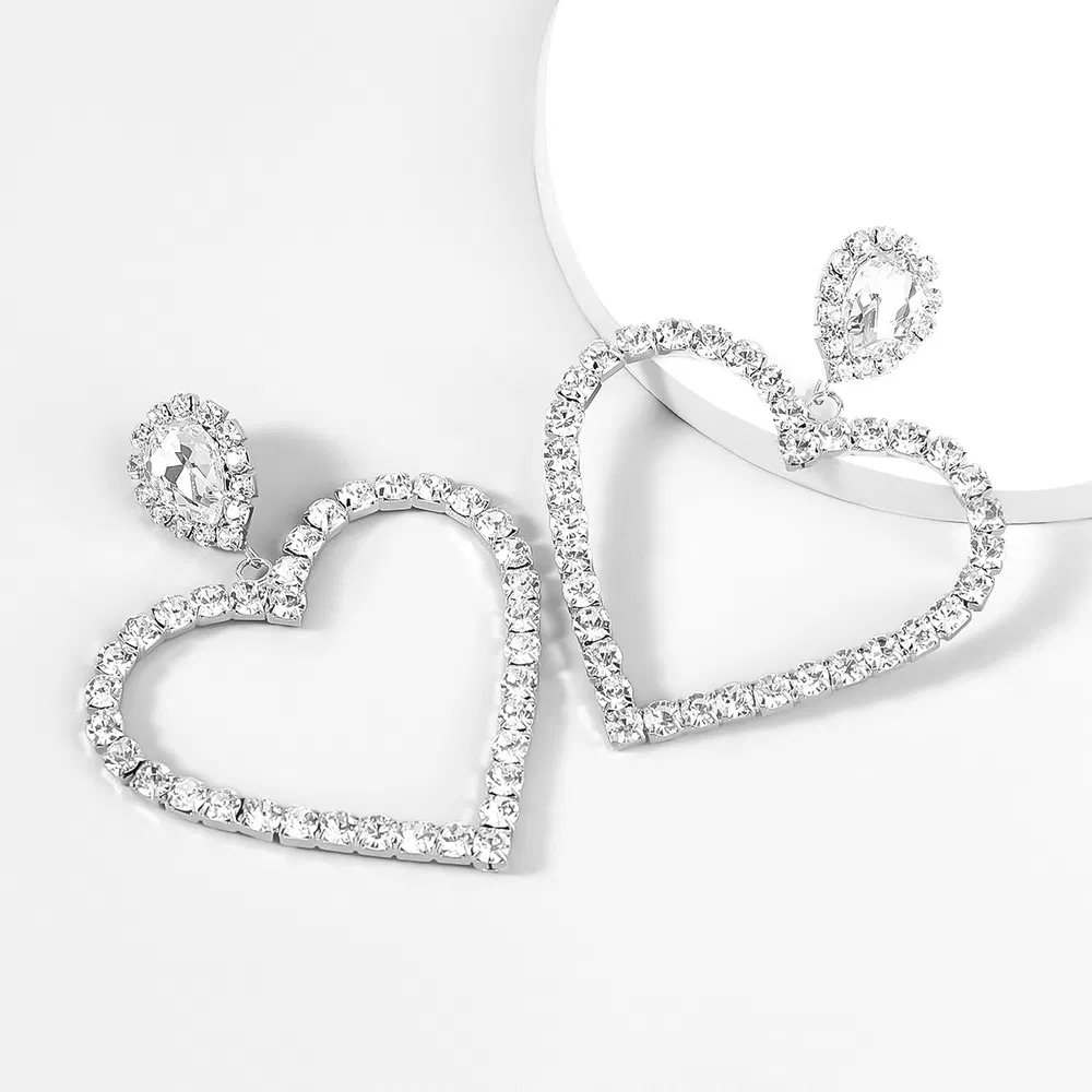 Legierung Diamond Rhinestone Glas Bohrer Herzförmige Ohrtröpfchen Ohrringe für Frauen