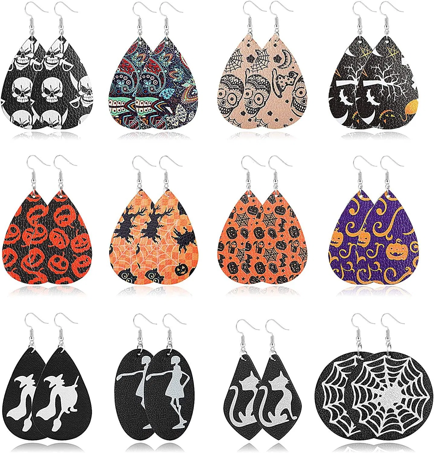 12 Paare Faux Leather Teardrop Ohrringe Set für Frauen Leichtgewicht Kürbis Bat Katze Spider Alien Web Dangle Ohrringe