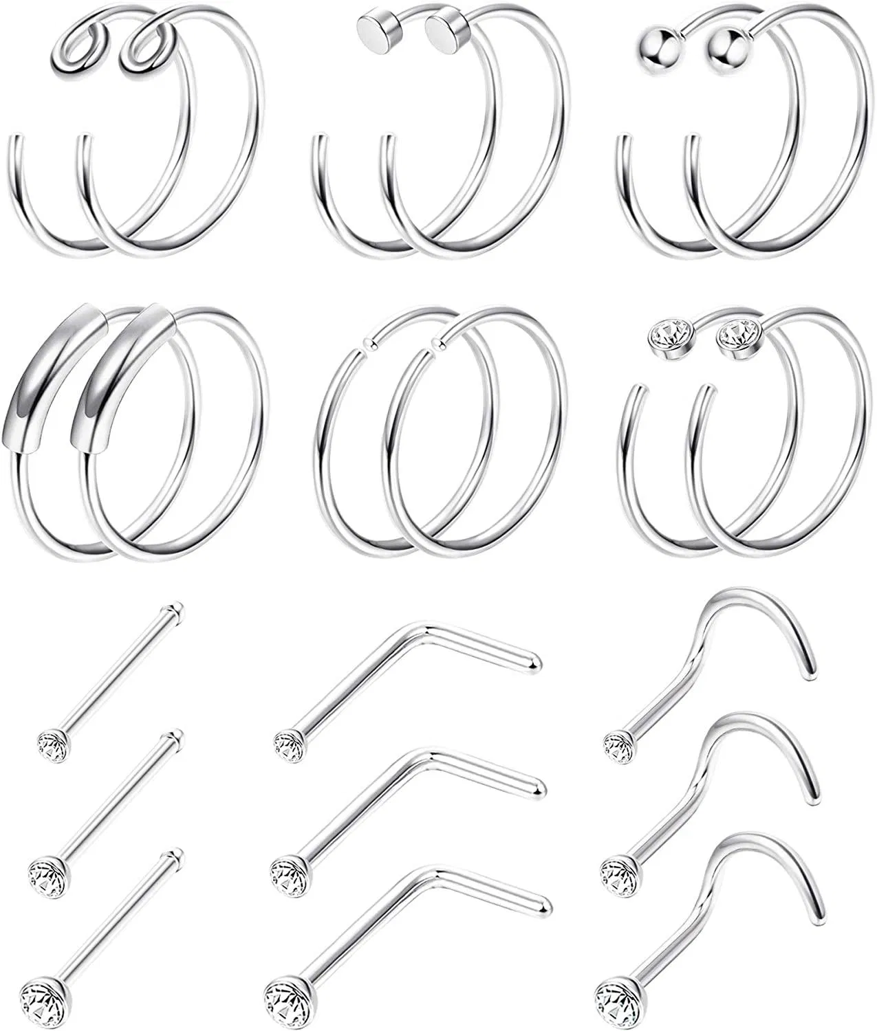 21Pcs 20G chirurgische Nasenringe für Frauen Männer Hoop L Knochenschraube geformte Nasenringe Studs dünner Knorpel Helix Tragus Ohrringe Nasenkörper Piercing 1.5mm 2mm 2.5mm CZ
