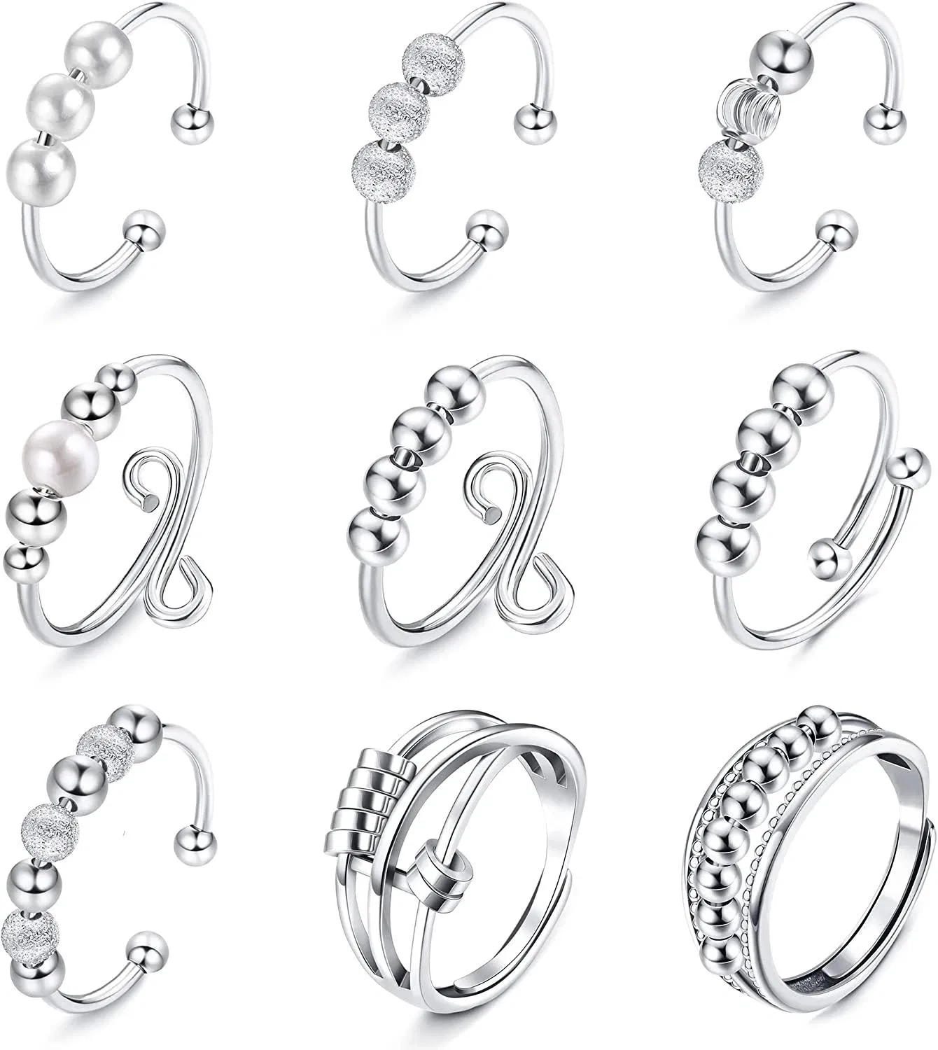9pcs Fidget Ringe Angst Spinner Ringe Angst Daumen Ringe für Frauen Einstellbare rotierende Ringe Rotatable Mood Ringe beruhigende Sorge Meditationsringe für Frauen Ladies Girls Linderten Stress