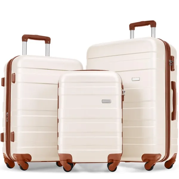 Gepäck Sets Neues Modell ABS Hardshell 3pcs Clearance Gepäck Hardside Leichtbau Langlebig Koffer Sets Spinner Wheels Koffer mit TSA Lock 20'' 24'' 28'' (Elfenbein und braun)
