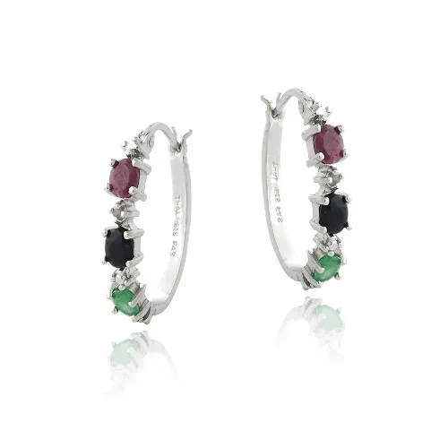Sterling Silber Ruby, Saphir, Smaragd & Diamant Akzent Oval Hoop Ohrringe