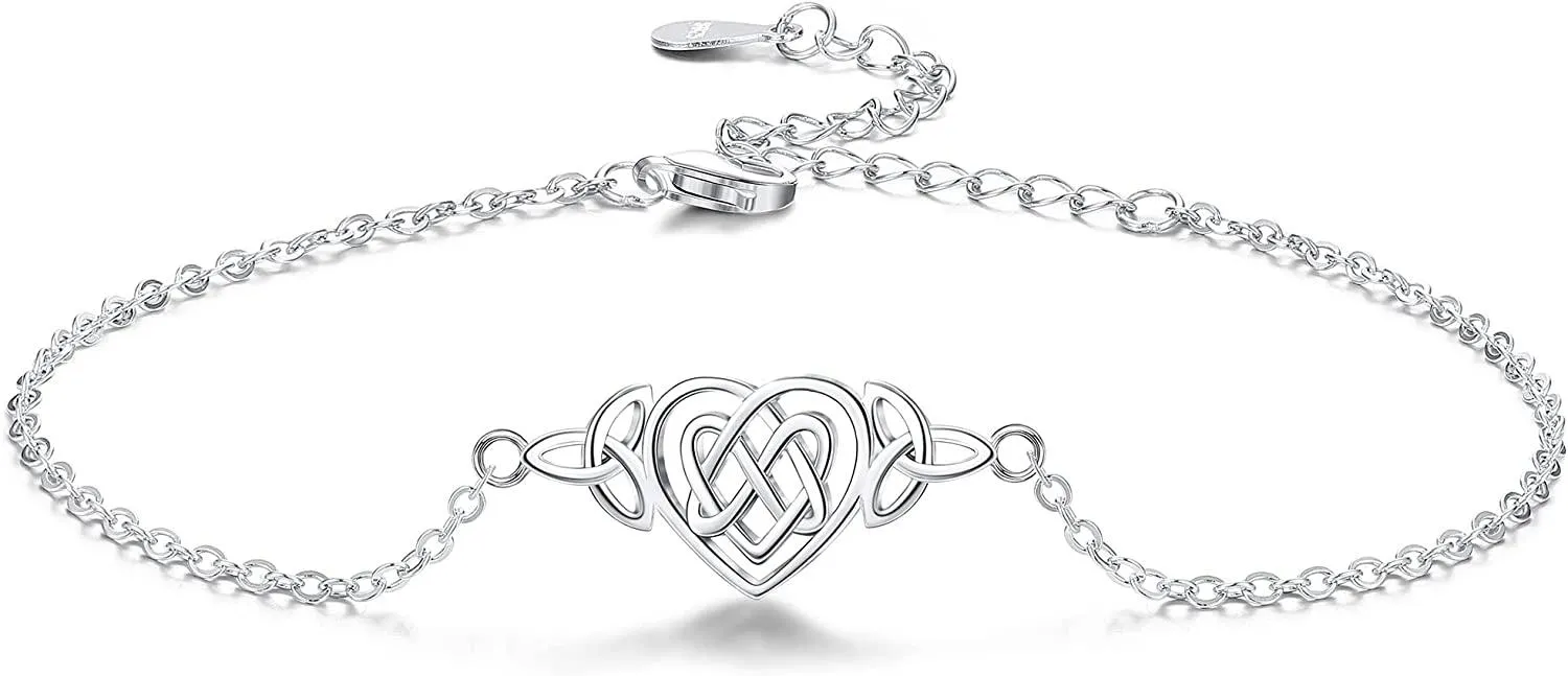 Strandknoten für Frauen Sterling Silber Lucky Love Knotenknoten Armband Adjustable Chain Hallow Irish Triquetra Celtic Knoten 925 Sommer Herz Knöchel 8,7'' +2''