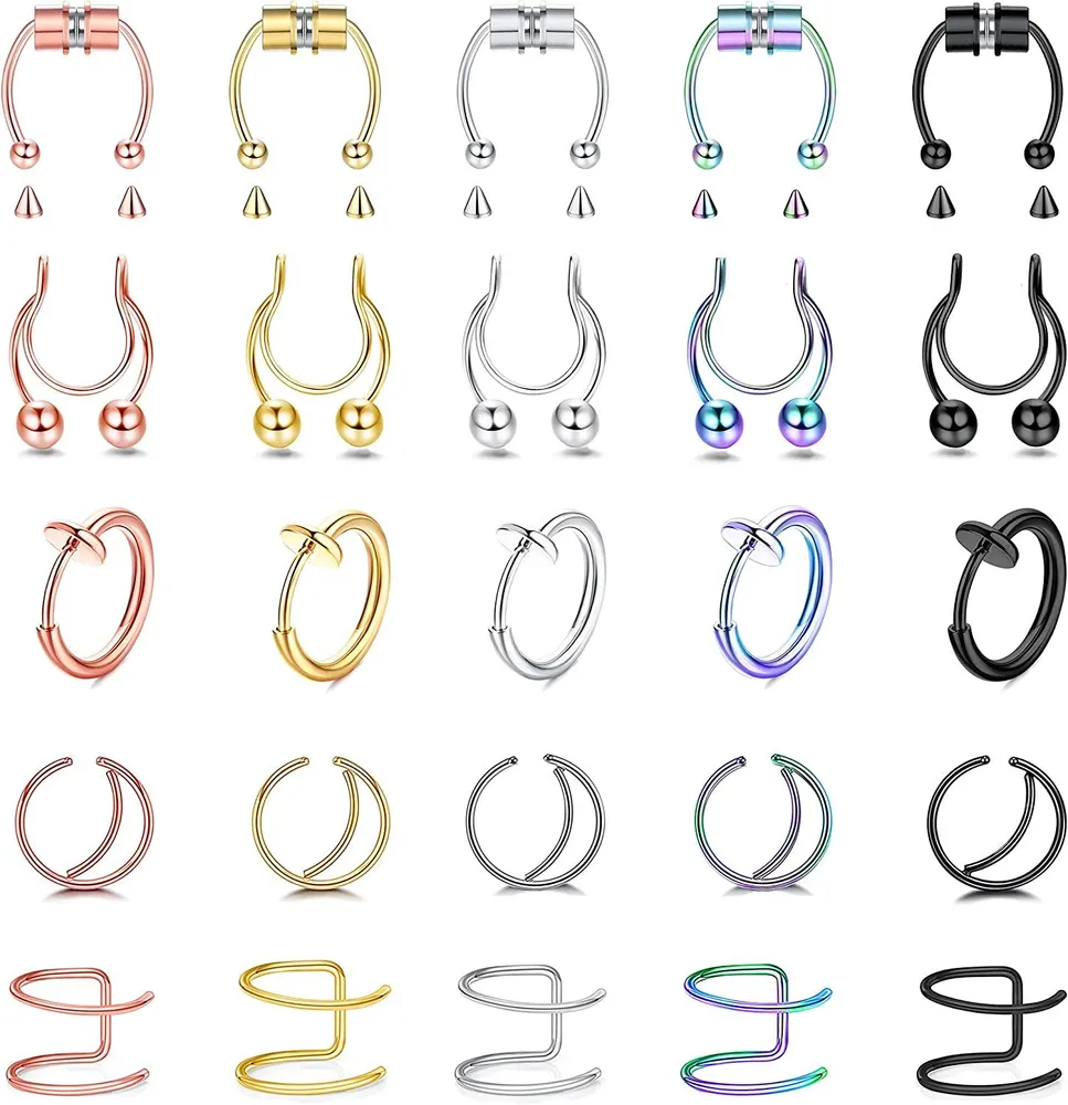 25PCS Fake Nose Ring Hoop Magnetic Septum Nose Ring Horseshoe Edelstahl Fake Septum Fake Nose Ring Faux Lippe Ohr Septum Ring Non-Pierced Body Jewelry...