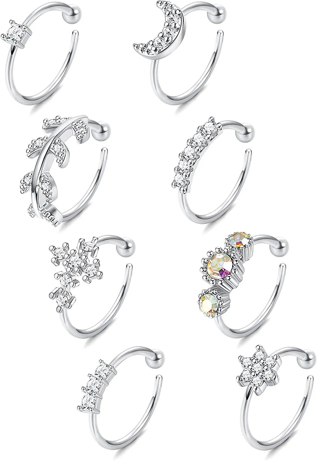8pcs Falsche Nase Ring Schleife Edelstahl Faux Nasen Ringe gepflastert CZ Clip auf Nasenring Nicht durchdringende Nasenmanschette Falsche Nasen Schleife für Frauen