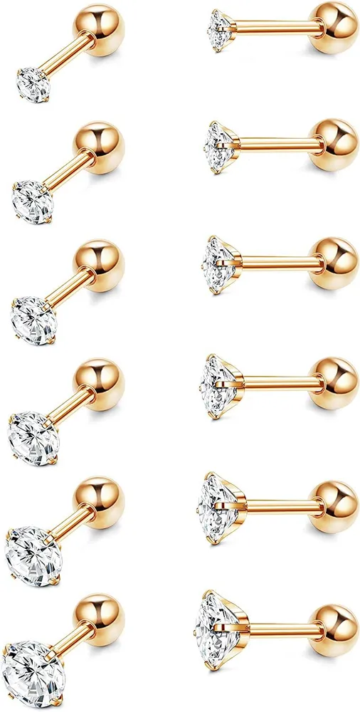 6 Pairs 18G Edelstahl CZ Stud Ohrringe Piercing Ohrknorpel Set für Frauen Männer 2 - 7MM Round CZ Barbell Stud Ohrring mit Schraube Flat Ball Back Ohrringe für Frauen Männer