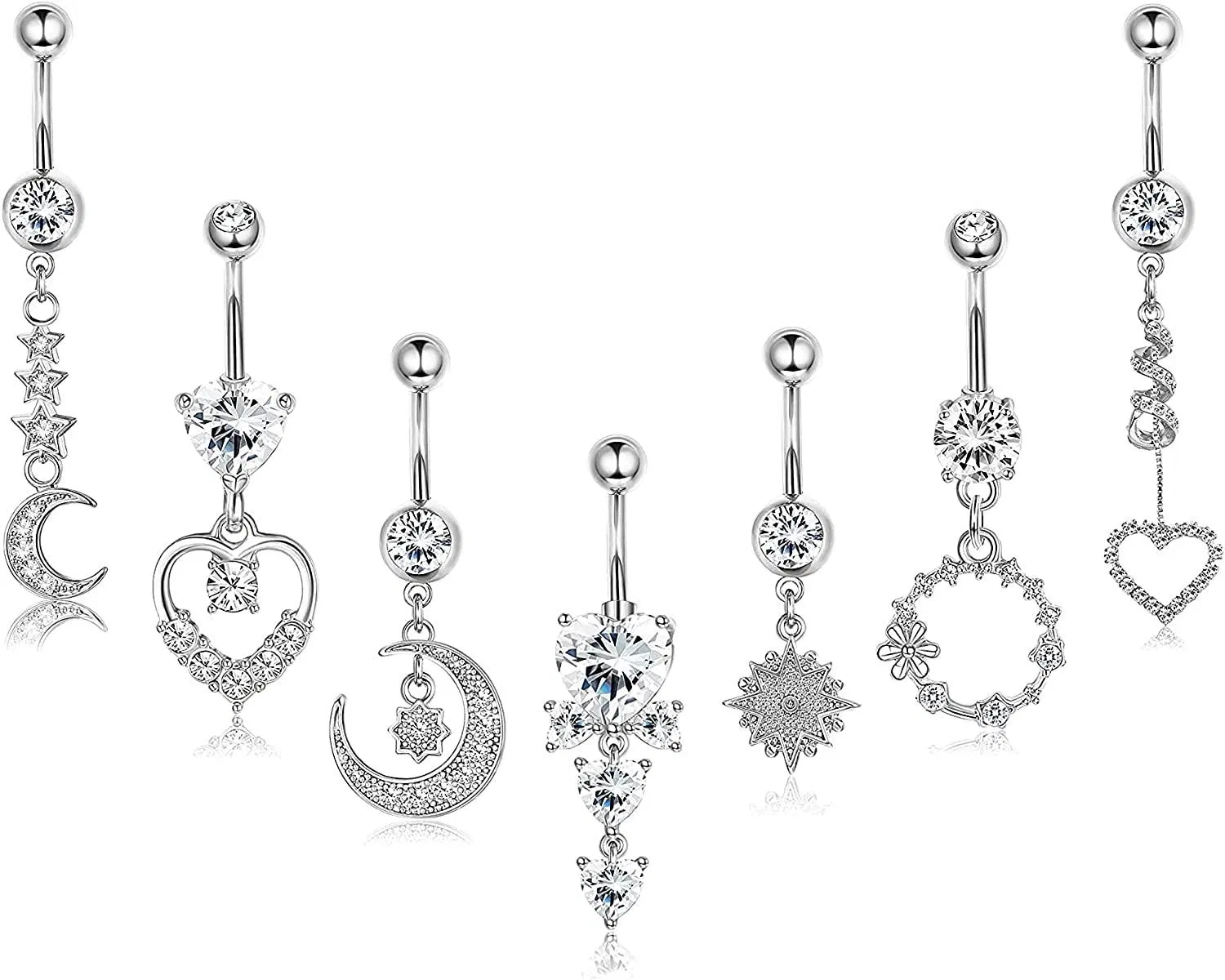 7PCS 14G Dangle Belly Button Ringe für Frauen 316L Edelstahl CZ Nabel Barbell Ringe Herz Stern Mond gebogen Barbell Körper Piercing