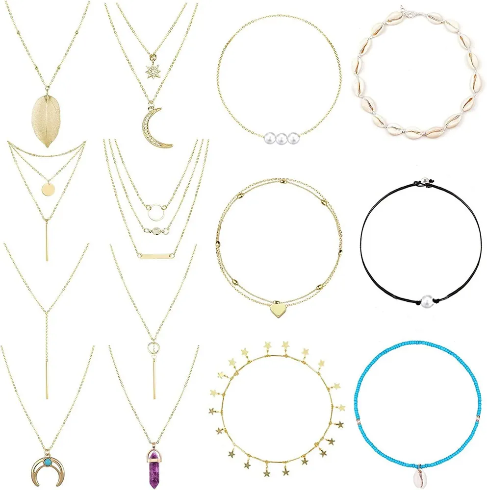 14 Pcs Bohemia Layered Kette Multilayer Clavicle Kette Herz Blatt Sonne Stern Mond Türkis Perlen Anhänger Samen Perlen Choker Gold Mode Geschenke für Frauen Mädchen