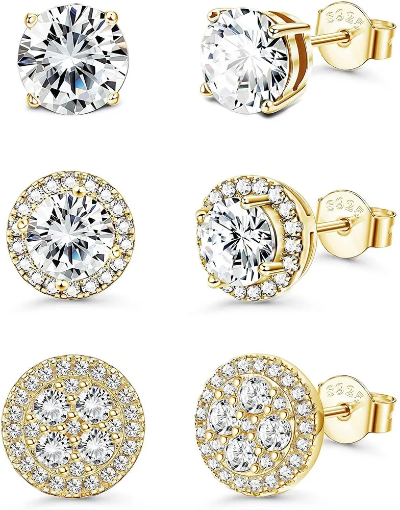 925 Sterling Silber Cubic Zirkonia Halo Stud Ohrringe 18K Gold Plated Brilliant Round Cut CZ Ohrringe Set für Frauen Männer