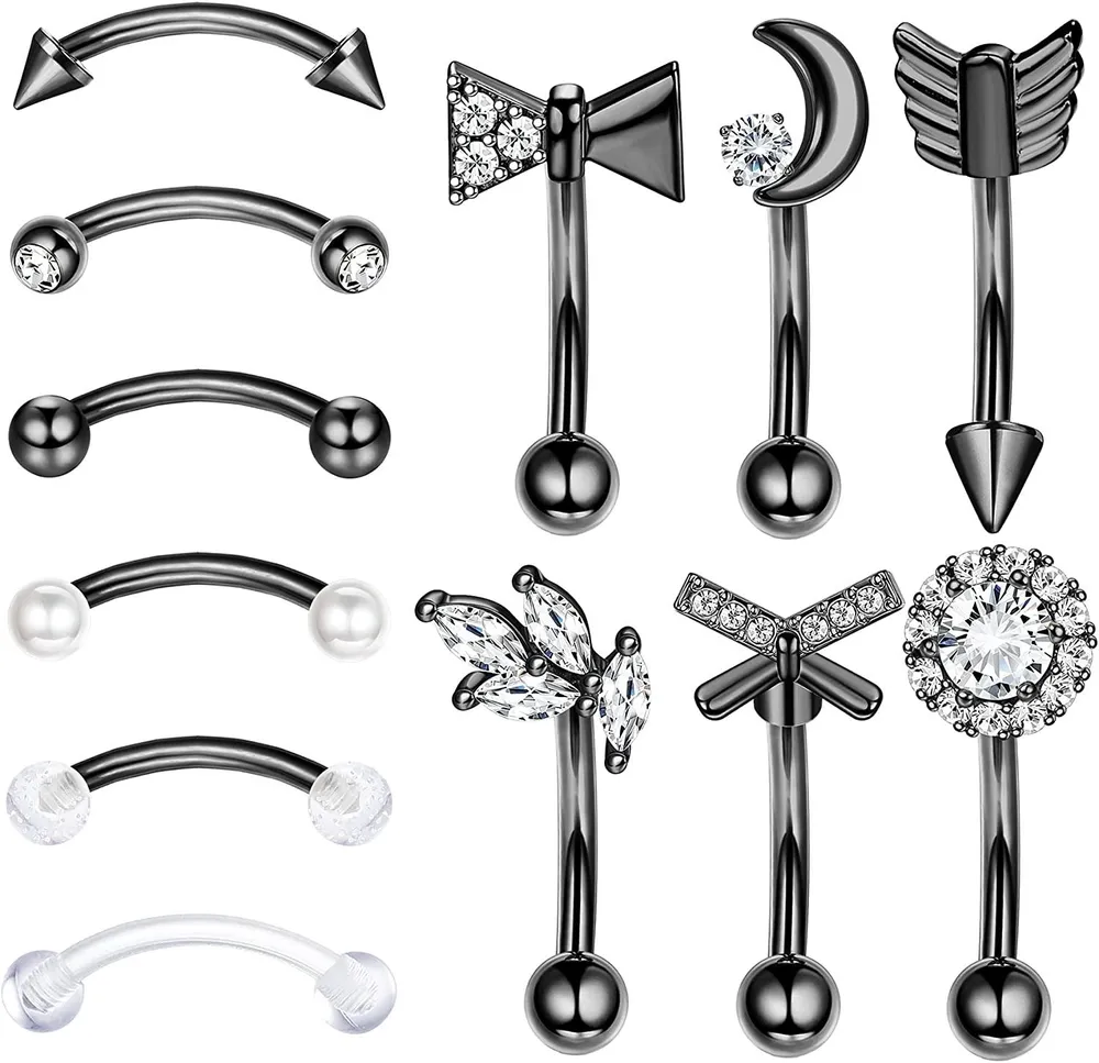 16G 12Pcs Augenbrauenringe Rook Daith Ohrring Set Lippenring Barbell Curved Ring Knorpel Tragus Ohrring Körper Piercing für Frauen Männer