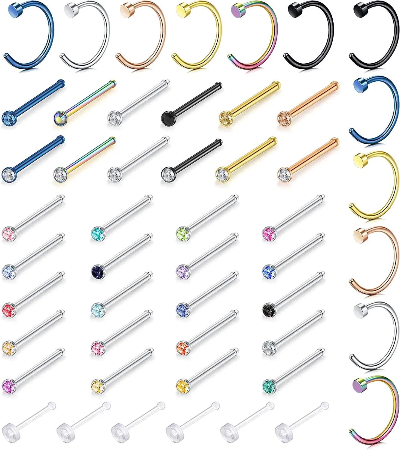 50pcs 20G Knochenform Nasen-Stocken Nasen-Ring - Schleife Edelstahl-Nase - Piercings für Männer Frauen CZ Clear Nose-Stock - Set-Ringe