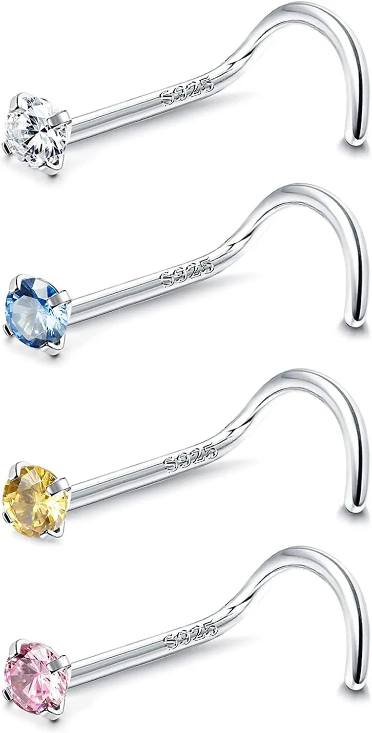 4pcs 925 Sterling Silber 20G Nasenringe für Frauen Männer Multicolor 5A CZ Corkscrew Nose Studs L-Form Nasenringe 2mm Nasen Piercing Schmuck