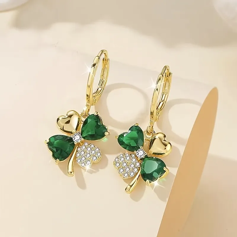 St. Patrick 's Day Grüne Edelsteine Vier Blatt Klee Tropfen Ohrringe 18K Gold Vergoldung Glück Ornament Für Frauen Mädchen Geschenk 1Paar