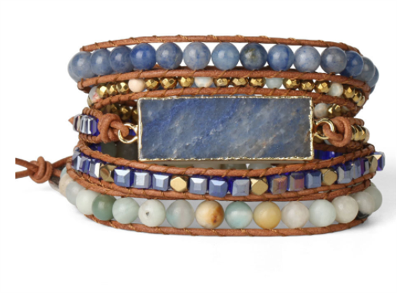 Multilayer Leather Wrap Crystal Blue Aventurine Armband