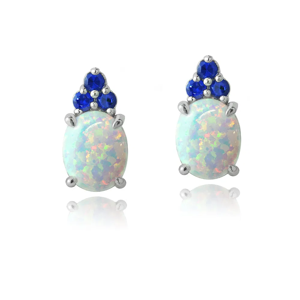 Sterling Silber geschaffen Weiße Opal & Blau Saphir Oval Drop Ohrringe
