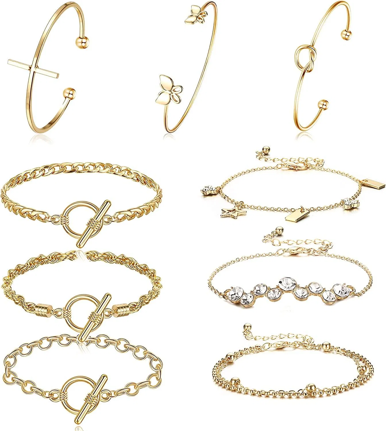 9pcs 14k Goldplatten Armbänder für Frauen mehrschichtlich stapelbare Kette Armbänder Open Cuff Wrap Bangle Armbänder Schmetterling Knoten Armbänder Set Adjustable