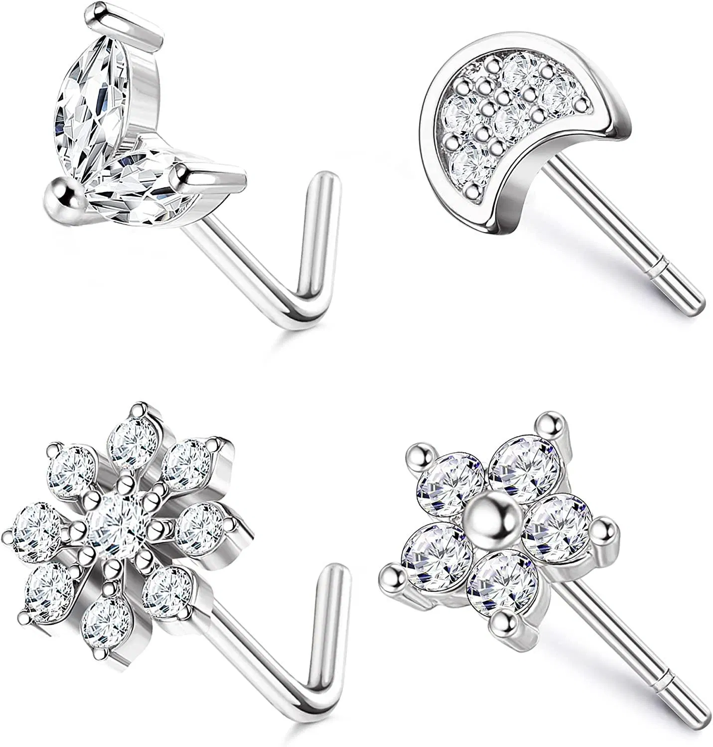 4Pc 925 Sterling Silber Nasen Studs Frauen Männer 20G L Form Nasen Ringe CZ Mond Stern Blumen Schmetterling Schraube Nasen Piercing Schmuck