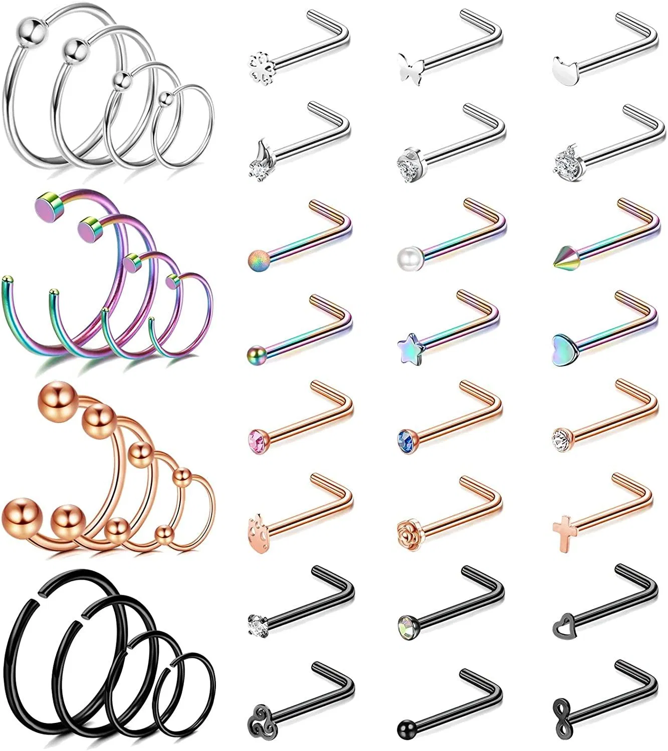 20G Nasenringe Studs für Frauen 316L Edelstahl L-Form Knochen Nasen Studs Nasenringe Hoops CZ Schmetterling Herz Nasenloch Piercing Schmuckset 40 Stück